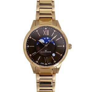 Alexander Ladies Quartz Moonphase Rose Gold Date Watch Swiss Made Diamond Dial